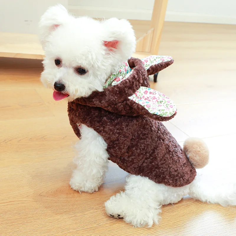 

XS-XL Brown Thicken Small Floral Warm Puppy Pet Plush Rabbit Ear Cap Clothes Winter Fashion Soft Sweater Coat For Small Dogs