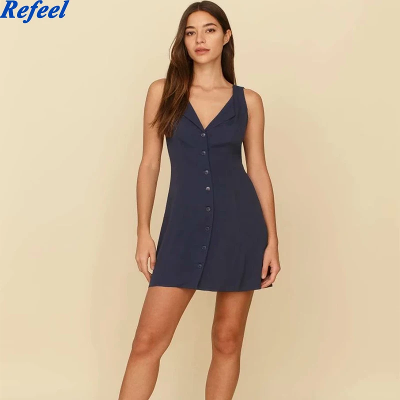 

Женское винтажное платье на пуговицах, темно-синее шифоновое платье без рукавов с отложным воротником