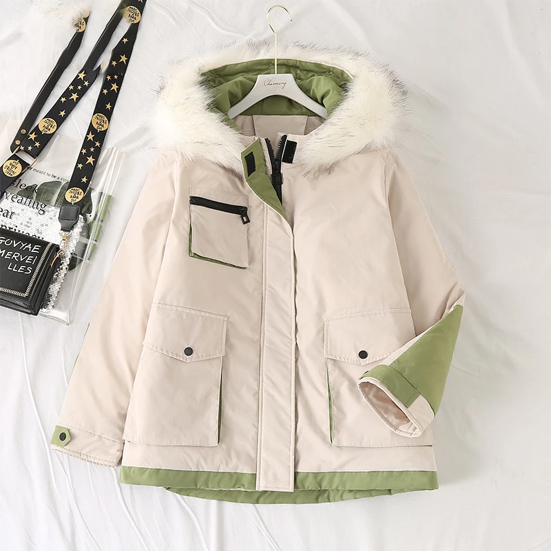 

2020 5Xl Plus Size Padded Parkas Coat Women Winter New Splicing Color Casual Cotton Jacket Zipper Faux Big Fur Collar Hooded