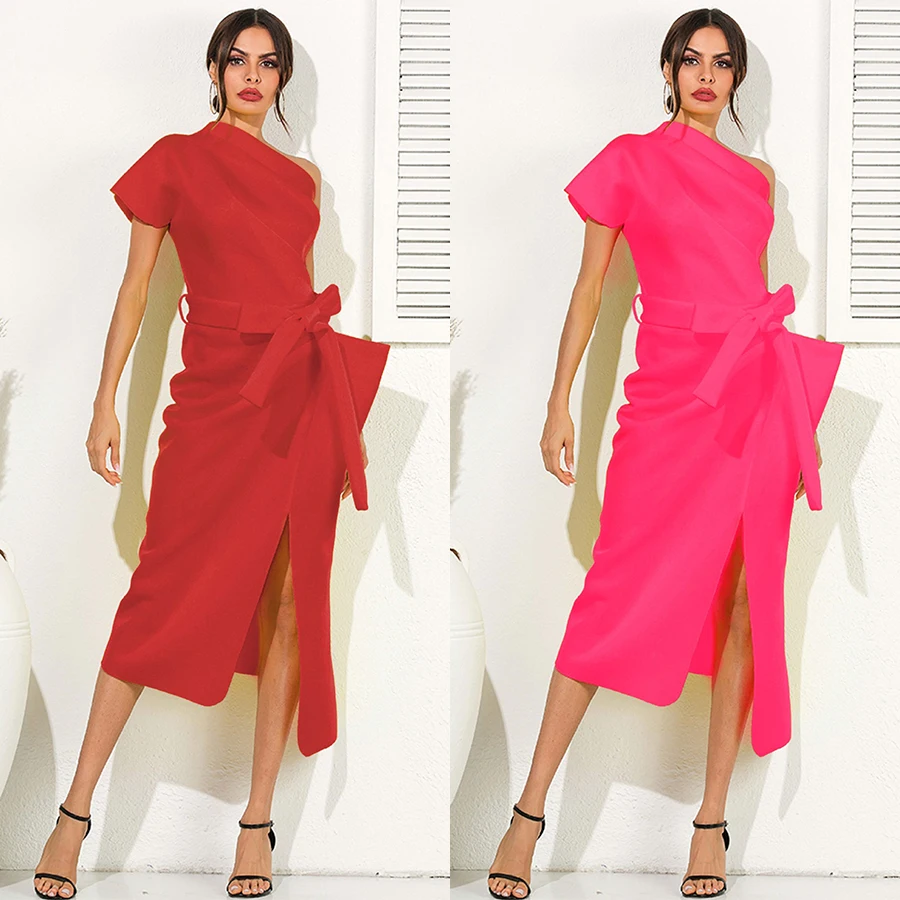Women Dress One Shoulder with Waist Belt Slim Party Evening Elegant Dresses Split Yellow Blue Black White Night Date Robe Female