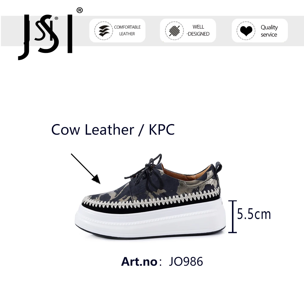 

JSI Flat Woman Genuien Leather Round Toe Floral Plant Lace Up Bodered Thcik Bottom Causal Walking Dress Shoes JO986