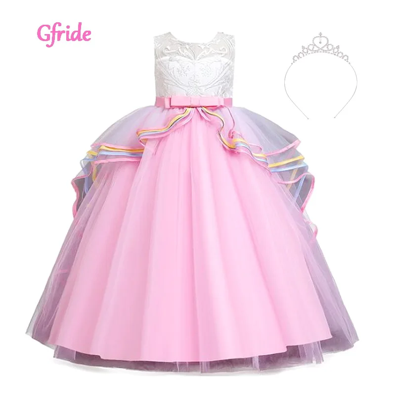 

Princess Girls Christmas Disfraz Long Dress Halloween Unicorn Costumes With Crown For Kids Girl Wedding Theme Party Dresses