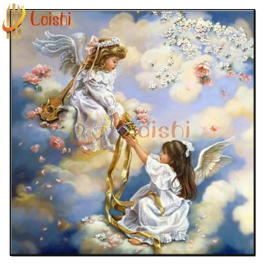 

Алмазная вышивка с изображением неба двух милых маленьких ангелов, полноразмерная квадратная круглая Алмазная картина 5d, Алмазная мозаика ...