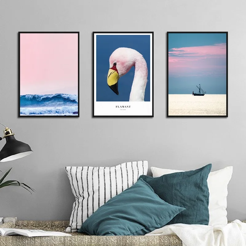 Скандинавский стиль розовые Фламинго красивое море и облака Картина на холсте
