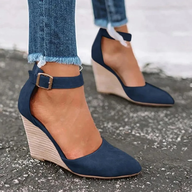 

2021 Summer Wedges Women Sandals Fashion Buckle Solid Pointed Sweet Casual Office Party Wedding Shoes Plus Size Ladies Sandals