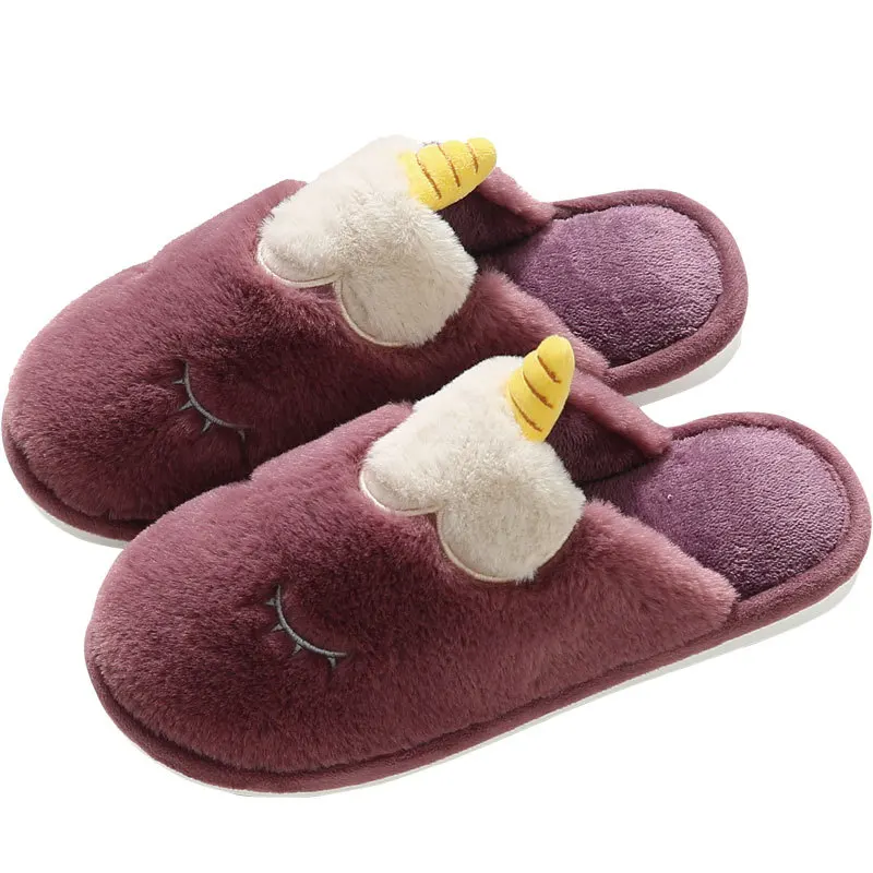 

Winter New Cartoon Unicorn House Women Fur Slippers Bedroom Cute Cartton Girl Shoes Warm Plush Ladies Furry Slides