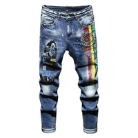 mens letters embroidery painted stretch denim jeans streetwear trendy slim straight pants trousers
