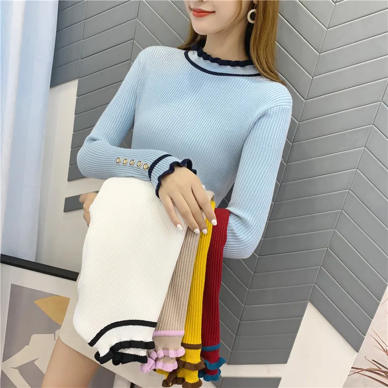 OHCLOTHING5344-женские свитера 2019New Женский пуловер высокая эластичность falbala вязаный кружевной воротник подходит ко всему джемпер