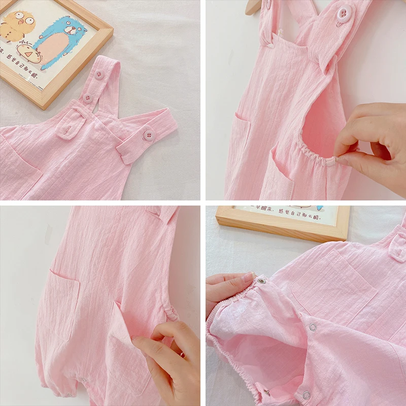 

Baby Boys Girls Overalls Summer New Fashion Kids Solid Sweet Color Rompers Infant Baby Unisex Loose Suspender Jumpsuits 0-4Y