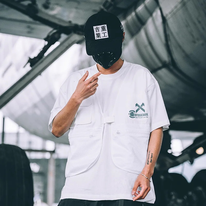 

Футболка мужская с имитацией двух предметов, уличная одежда в стиле хип-хоп, повседневный жилет в стиле панк, топ с карманами на молнии и футболки для инструментов