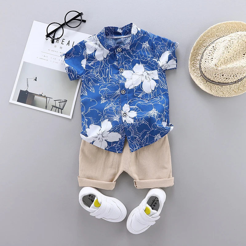 White Big Flower Shirt Casual Printed Summer Short Sleeve &amp Pants Two-piece Sets | Детская одежда и обувь