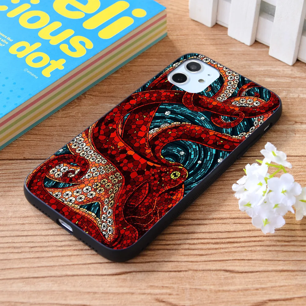 

For iPhone Cute Mosaic Octopus Soft TPU border Apple iPhone Case
