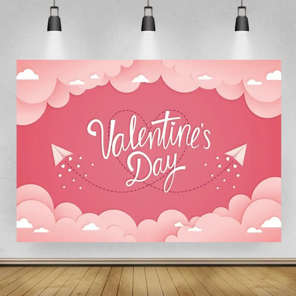 

Happy Balentine's Day Photography Backgrounds Pink Cloud Paper Plane Love Dinner Table Surprise Party Backdrops Decor
