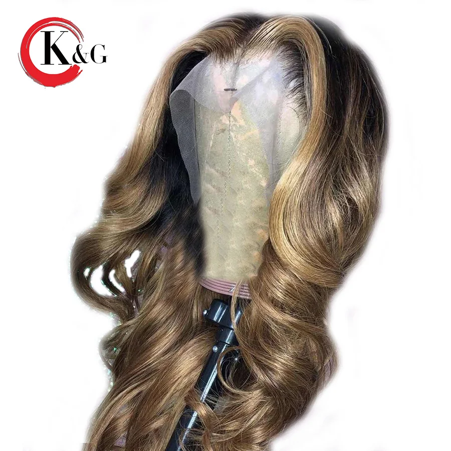 KunGang Ombre Lace Front Human Hair Wigs Wavy Brazilian Remy 13*4 Wig For Women Bleached Knots Pre Plucked | Шиньоны и парики