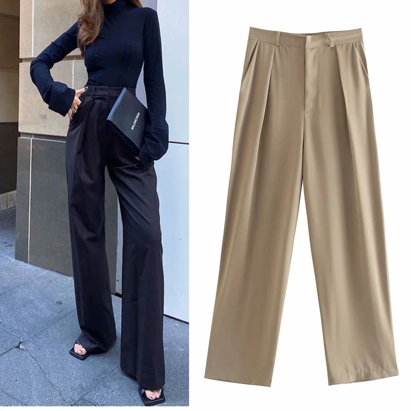 

WESAY JESI Women's Pants Fashion Trousers For Female Casual Wide Leg Pants Solid Color High Waist Chic Flowy Elegant Office Lady
