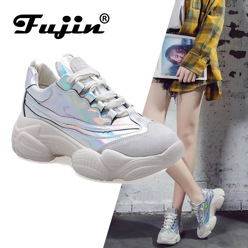 Fujin/Брендовая женская повседневная обувь Блестящие кроссовки на платформе
