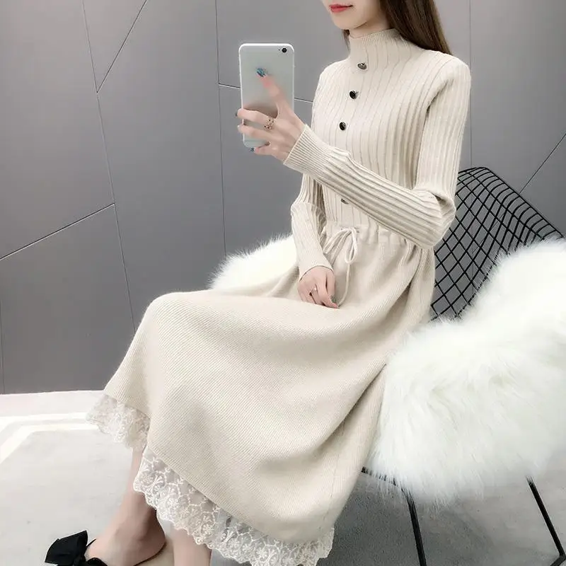 

Long-sleeved knitted dress women's autumn and winter 2021 new women's sweater dress waist was thinner base skirt