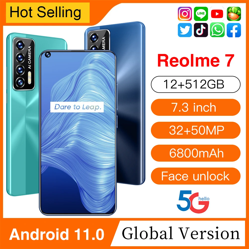 

Reolme 7 Qualcomm 888 Deca Core 7.3 Inch 12+256GB Dual SIM+Micro SD 32+50MP Andriod 11.0 Face Unlock 6800mAh Smartphones Celular