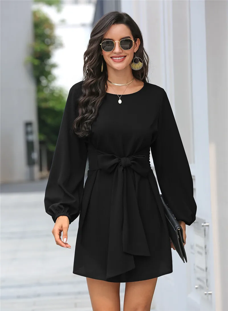 

Fashion Solid Bow Autumn Dress Women 2020 O-Neck A-Line Long Sleeve Dress Elegant Office Lady Slim Casual Vestidos Robe Femme