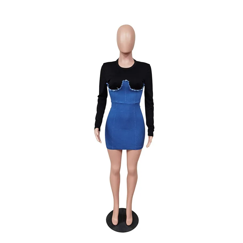 

WJFZQM Fashion Denim Patchwork Women Short Dress New Spring Autumn Long Sleeve Casual Mini Sweatshirt Dresses Sexy Jeans Dress