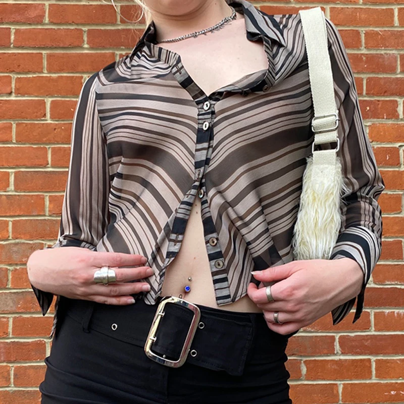 

Women Sexy Y2K Vintag Top Striped Print Long Sleeve Shirts Button up Transparent Mesh Crop Top Turn-Down Collar