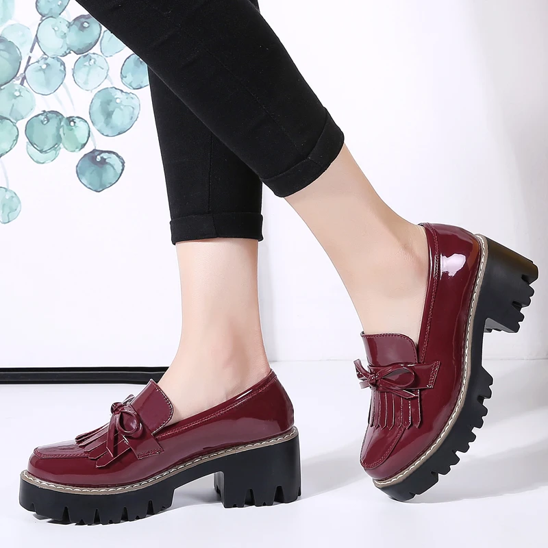 O16U Women Autumn Shoes Patent Leather Slip on Tassel Loafers Platform Flat Casual Shoes Women Flats Spring Shoes for Ladies