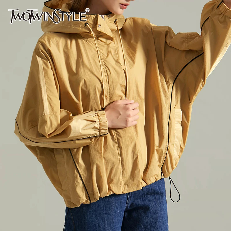 

TWOTWINSTYLE Casual Solid Women Jacket Hooded Long Sleeve Fold Pleated Drawstring Loose Women's Autumn Jackets 2021 Fashion New