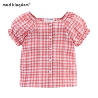 mudkingdom girl square neck tops plaid puff sleeve girls blouse button down for kids summer chothes bubble sleeve off shoulder