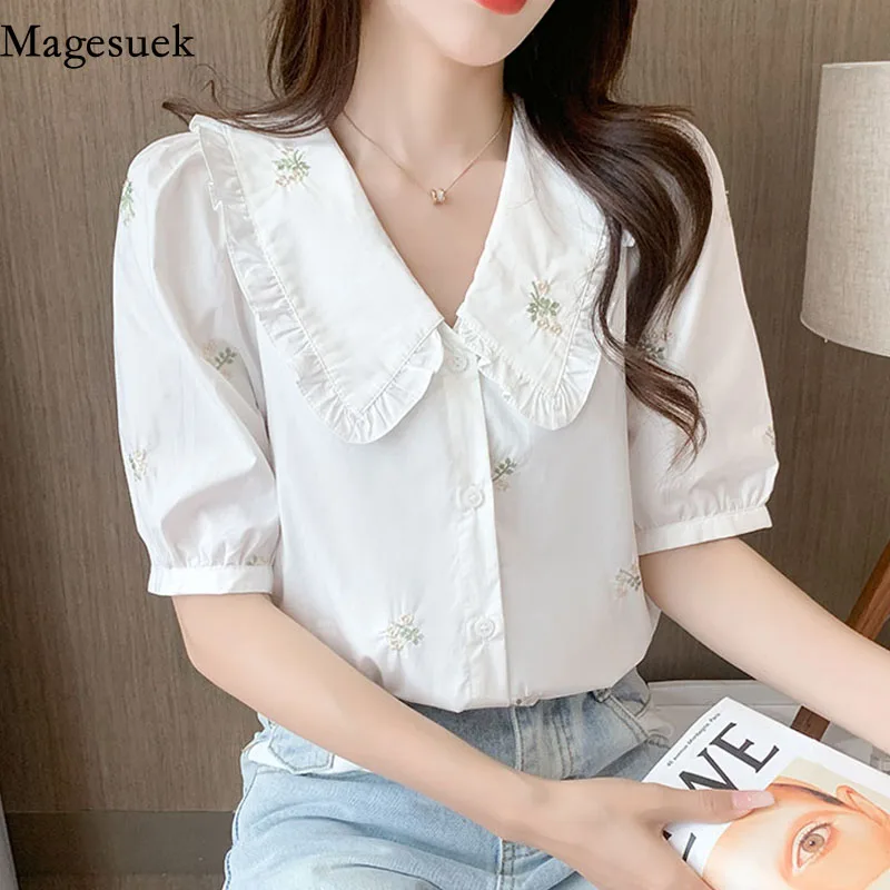 

2021 Women's Blouse Summer Embroidered Shirts Chic Puff Sleeve Turn-down Collar Female Vintage Button Elegant White Tops 14604