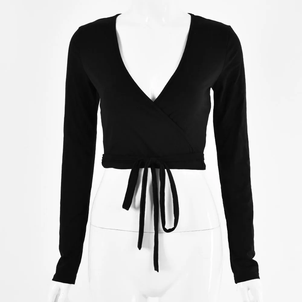 

Deep V2021 new European and American women's shirt sexy T-shirt crop low-cut lace long-sleeved tie solid color top