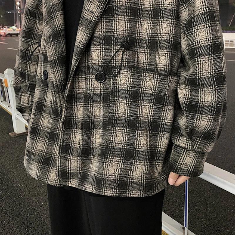 

Men Blends Plaid Double Breasted Turn-down Collar Long Sleeve Sanding Winter Thicker Warm Windbreaker Korean Style Ins Handsome