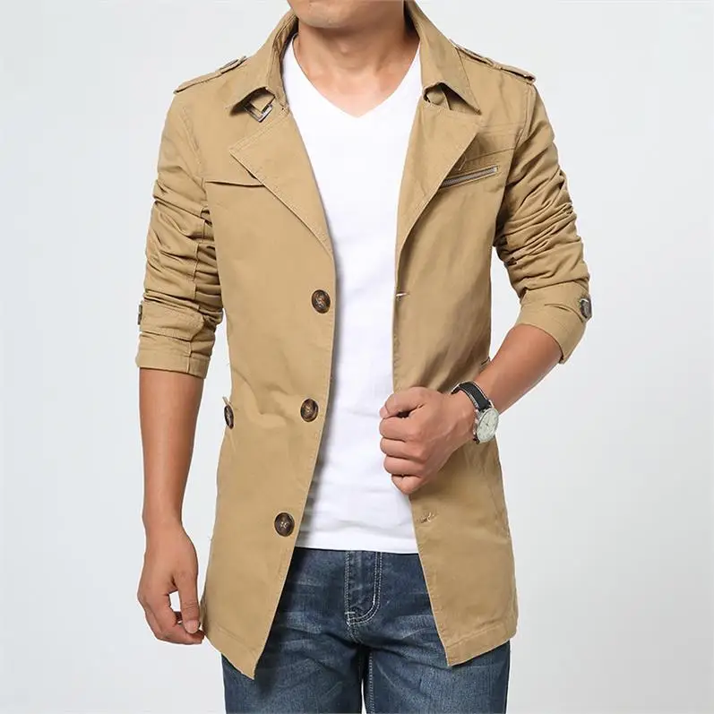 

Men 2019 Spring New Business Casual Trench Coat Jacket Men Brand Fashion Long Sleeve Cotton Solid Washed Trench Coat Men