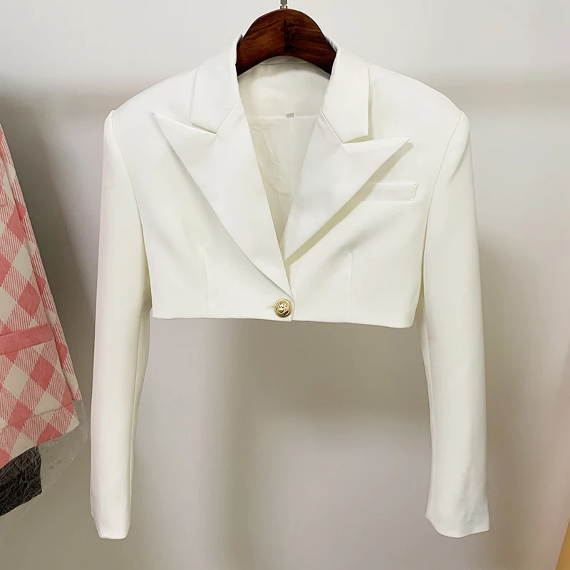 

HIGH STREET Newest 2021 Designer Blazer Women's Satin Collar Single Button Crop Blazer Jacket