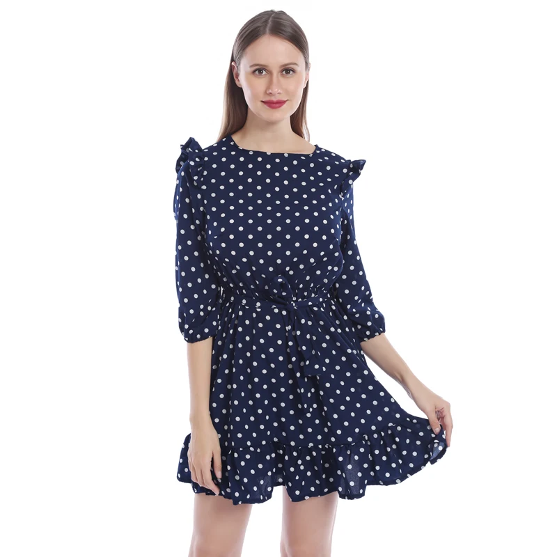 

Women Summer DressLadies Sweet Cute A Line Dresses Fashion Ruffle Trim Sashes 3/4 Sleeves Round Neck Dot Print Casual Dress
