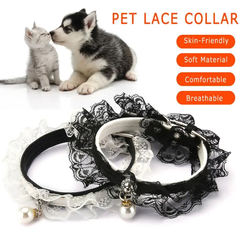 

Pet Collar Cat Dog Pearl Necklace Black And White Lace Collar Puppy Wedding Dress Collar Small Dog Safe Leash Accessories Small