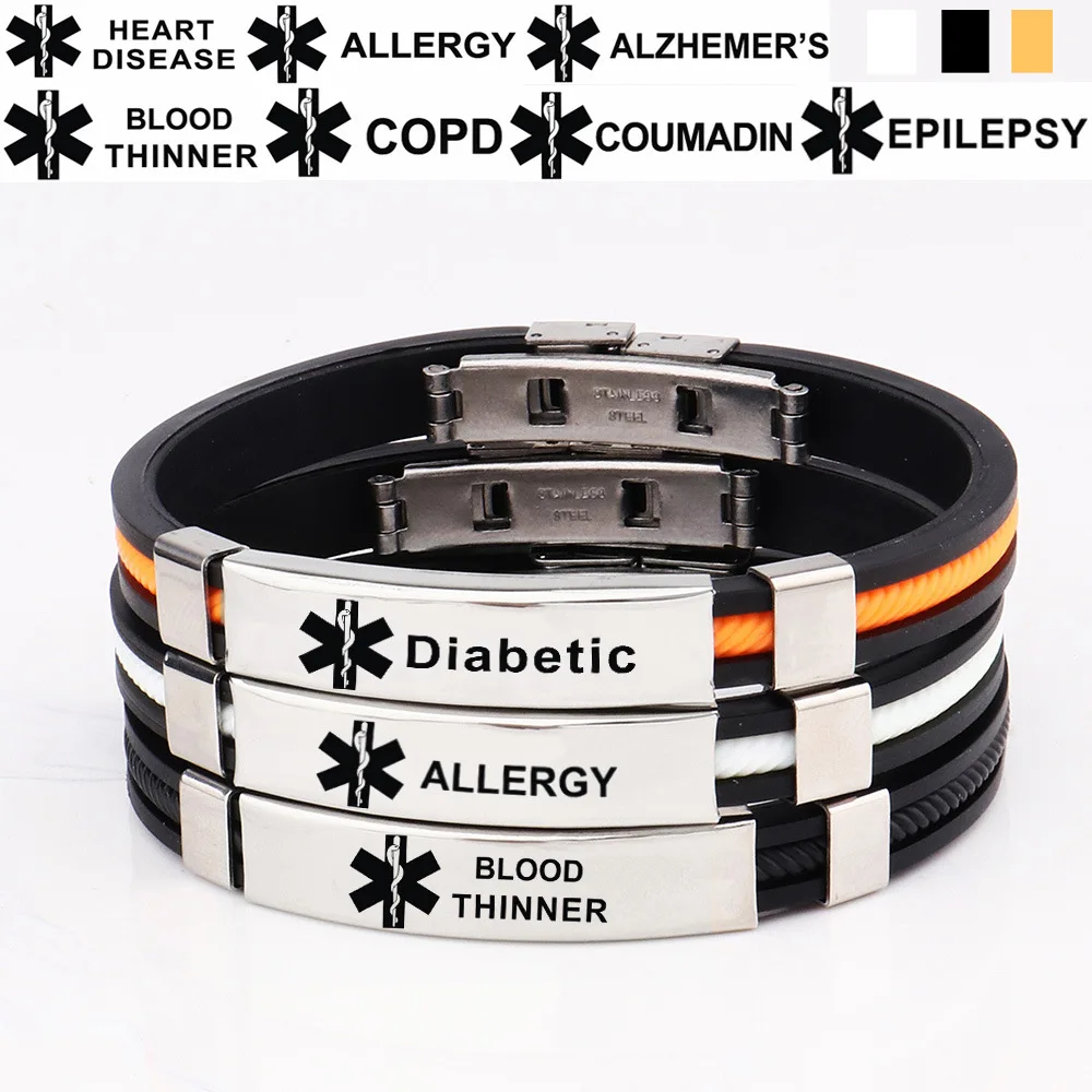 Black Silicone Medical Alert ID Bracelet Laser Engraving Diabetes s Stainless Steel Custom Name  Personalized