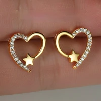 simple love heart stud earrings hollow out star design stylish earrings for women gold color aaa zircon earring female jewelry