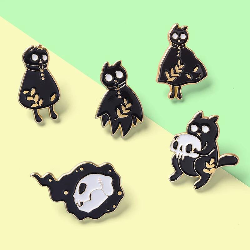 Эмалированные булавки в стиле панк с изображением кошек плащ огненный череп
