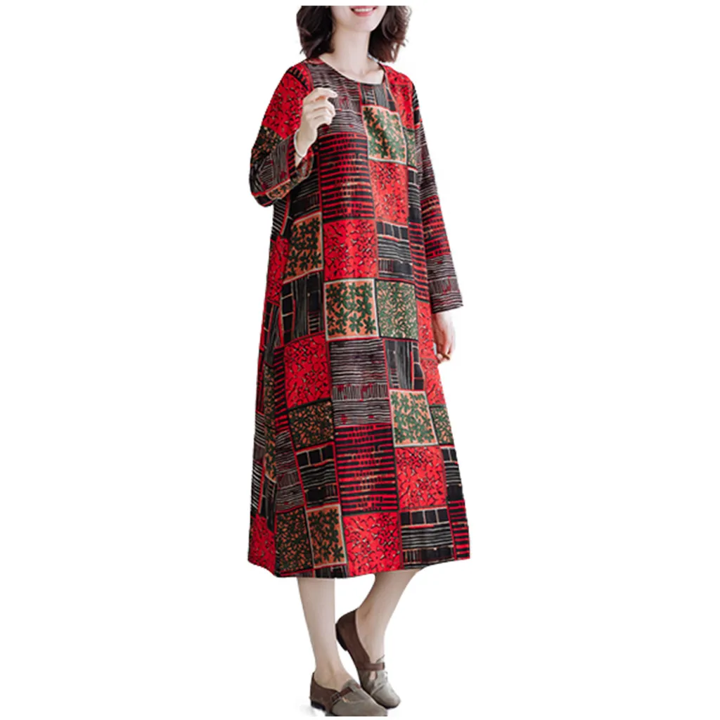 Женское осенне зимнее платье с круглым вырезом и длинным рукавом винтажные