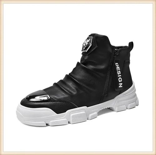 Black White Зимние мужские ботинки из искусственной кожи; Botas Masculina; модная мужская зимняя обувь на молнии; 5#30/15E50 - Цвет: Black White