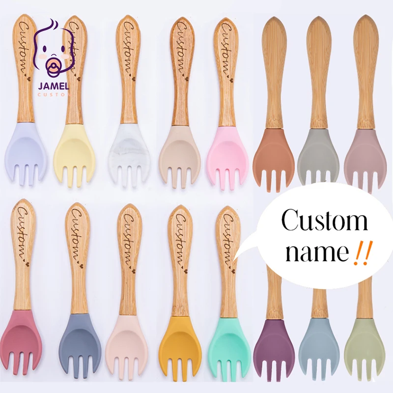 

Baby Wooden Custom DIY Fork Silicone Wooden Baby Feeding Fork Organic Soft Tip Spoon BPA Free Food Grade Material Handle