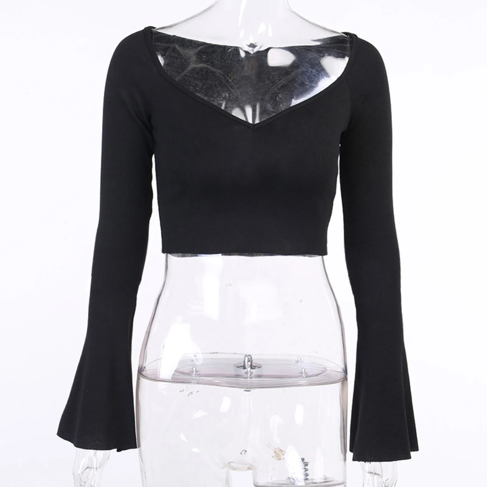 

Women Sexy Autumn V Neck Long Flared Sleeve Solid Color Crop Top Slim Blouse