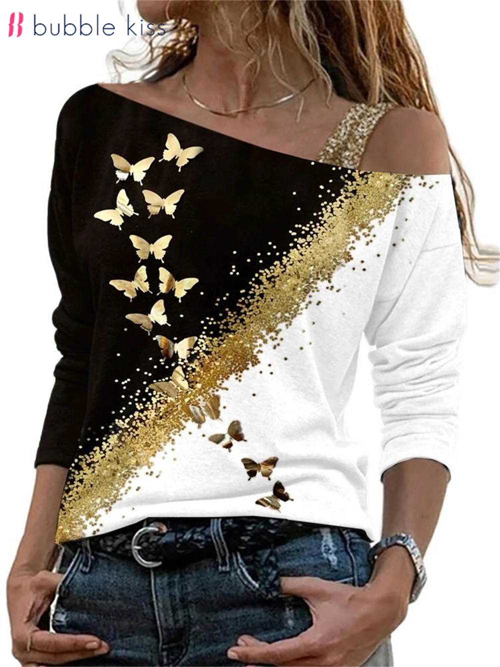 

BubbleKiss Spring Fashion Women Tops Golden Butterfly Print Asymmetrical Neck T-Shirts Casual Long Sleeve Tee Top Female Women