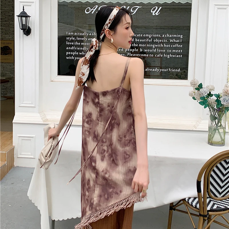 

XIZIHUPAN Print Patchwork Dress For Women High Waist Square Collar Irregular Tassel Vintage Dresses Female Summer Fashion 2021