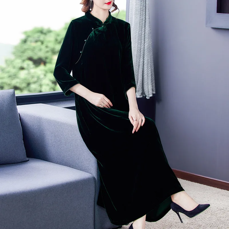 

2021 Black Long Sleeve Velvet Warm Midi Dress Winter Elegant Office Solid Dresses Autumn high quality Vintage Casual Vestidos