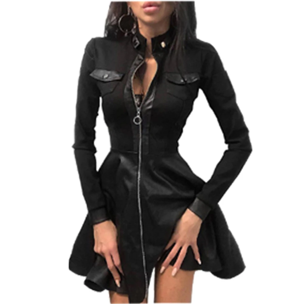 

Women Plus Size 5XL Summer Lace Sleeve PU Faux Leather Mini Dress V-Neck Zipper Party Dress Sexy Bodydon Dress
