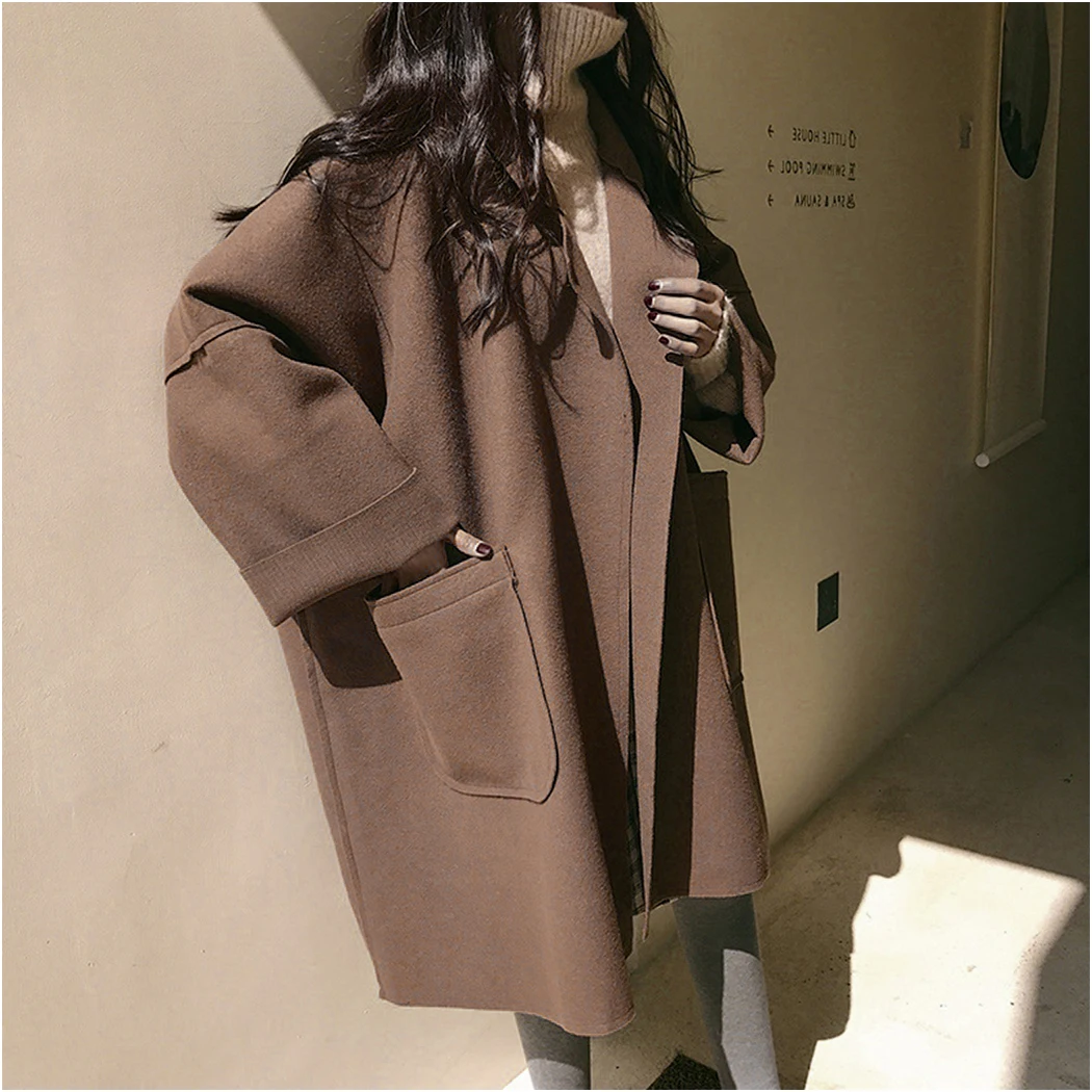 Womens Winter Autumn Elegant Long Oversized Thin Woolen Coats Casual Sleeve Solid Outwear Female Overcoat Cloak Cardigan | Женская