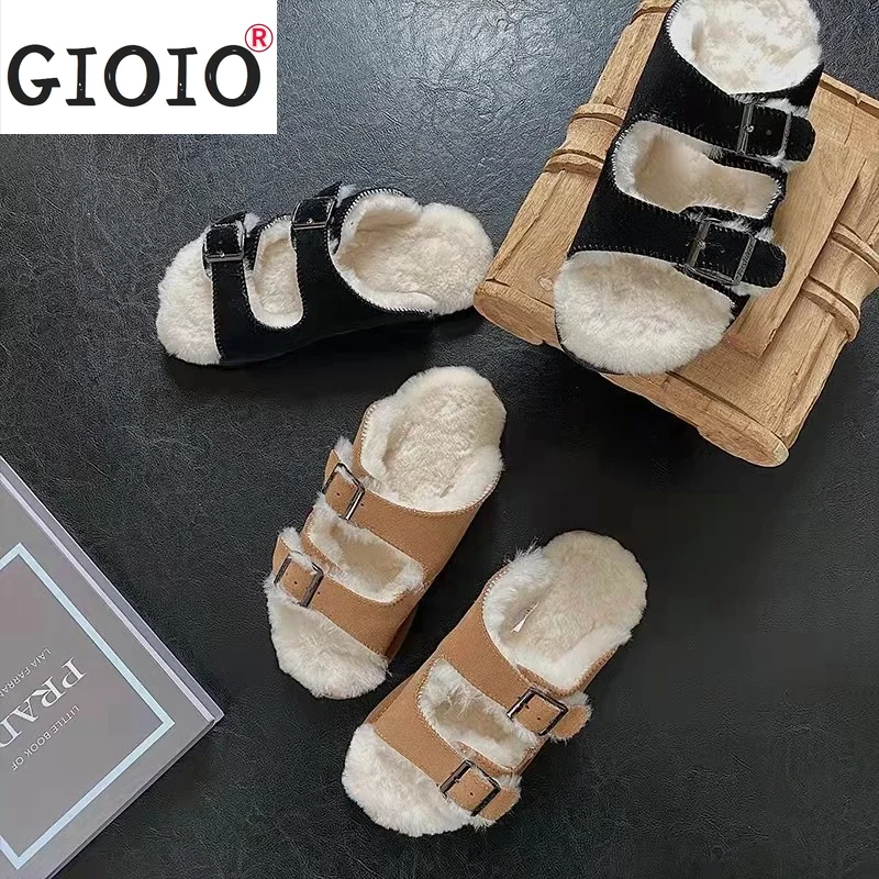 

Flat bottomed Plush Slippers Women Autumn Slippers 2021 New Women Casual Non-slip Wear Fashion Belt Buckle Cotton Shoes