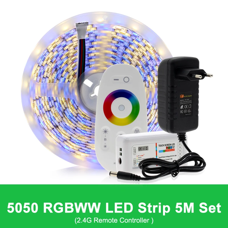 RGBWW 2.4G Touch 5 м 5050 Светодиодная лента DC12V RGB/RGBW/RGBWW гибкий светильник лента 300 светодиодный s RGB цвет Светодиодная лента комплект+ пульт дистанционного управления+ адаптер питания - Испускаемый цвет: RGBWW 2.4G Touch