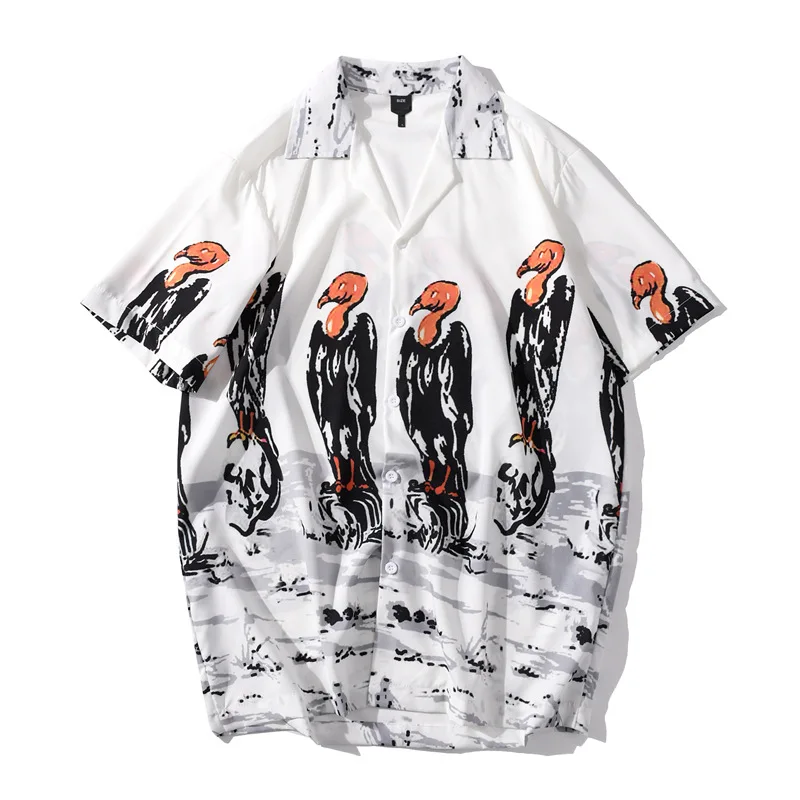

Harajuku Vulture Print Beach Shirts Men Causal Shirts Hip Hop Streetwear Summer Short Sleeve Button Down Tops shirt men